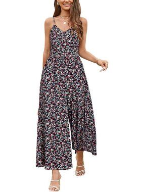 Women's Summer Floral 01 Spaghetti Strap Smocked Long Rompers with Pockets